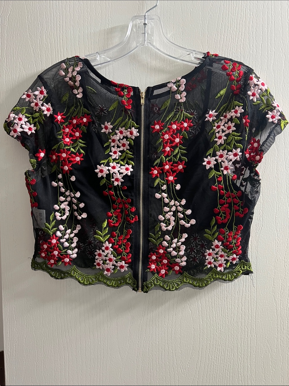 Fashion Nova Black Sheer Floral Embroidered Crop Top with Red & Pink Flowers - Picture 3 of 3